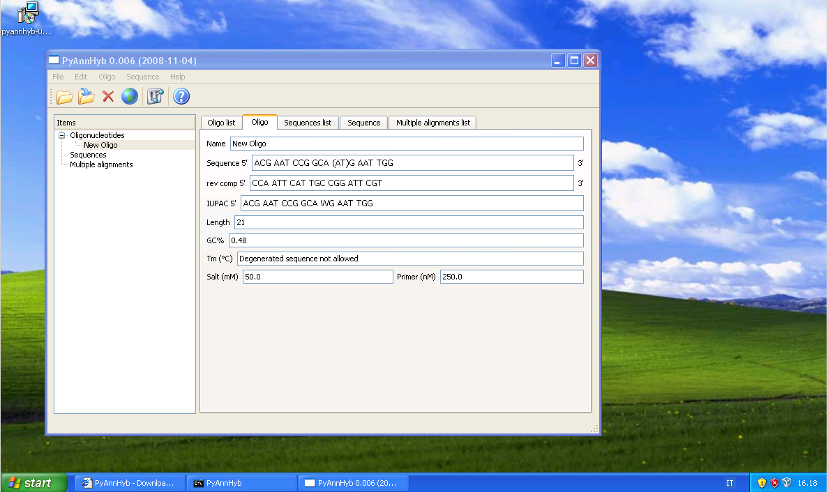 view oligonucleotide (Windows XP)